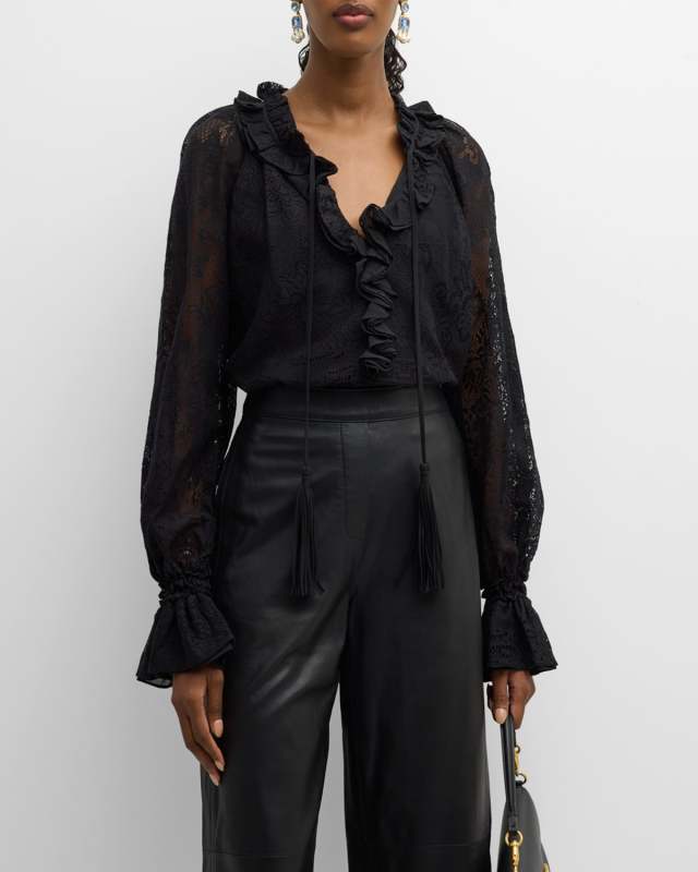 Zola Tasseled Ruffle-Trim Lace Blouse